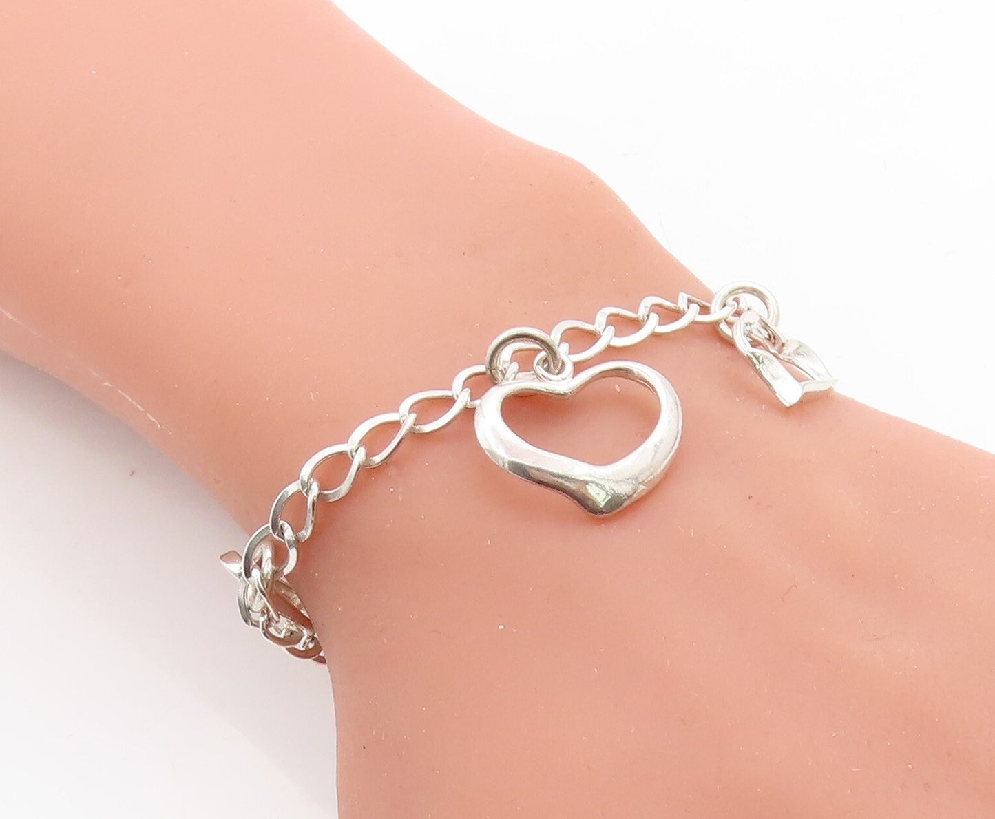 925 Sterling Silver Open Love Heart Charmed Curb Link Chain Bracelet BT2382