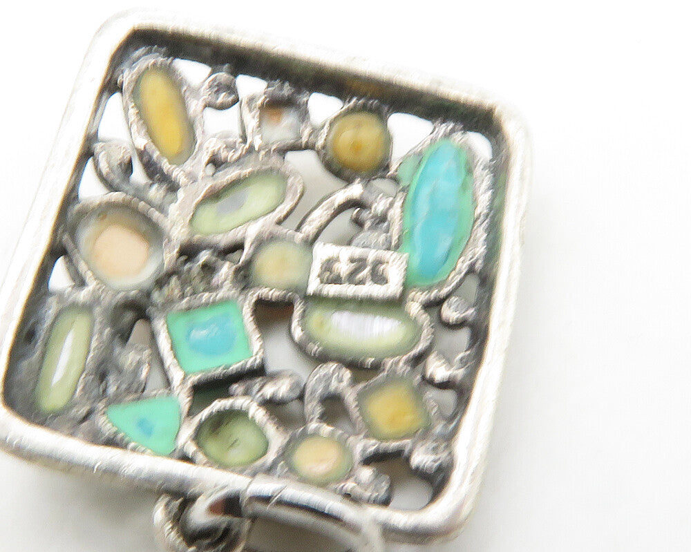 925 Sterling Silver Vintage Turquoise Mother Of Pearl & Jasper Pendant PT13558