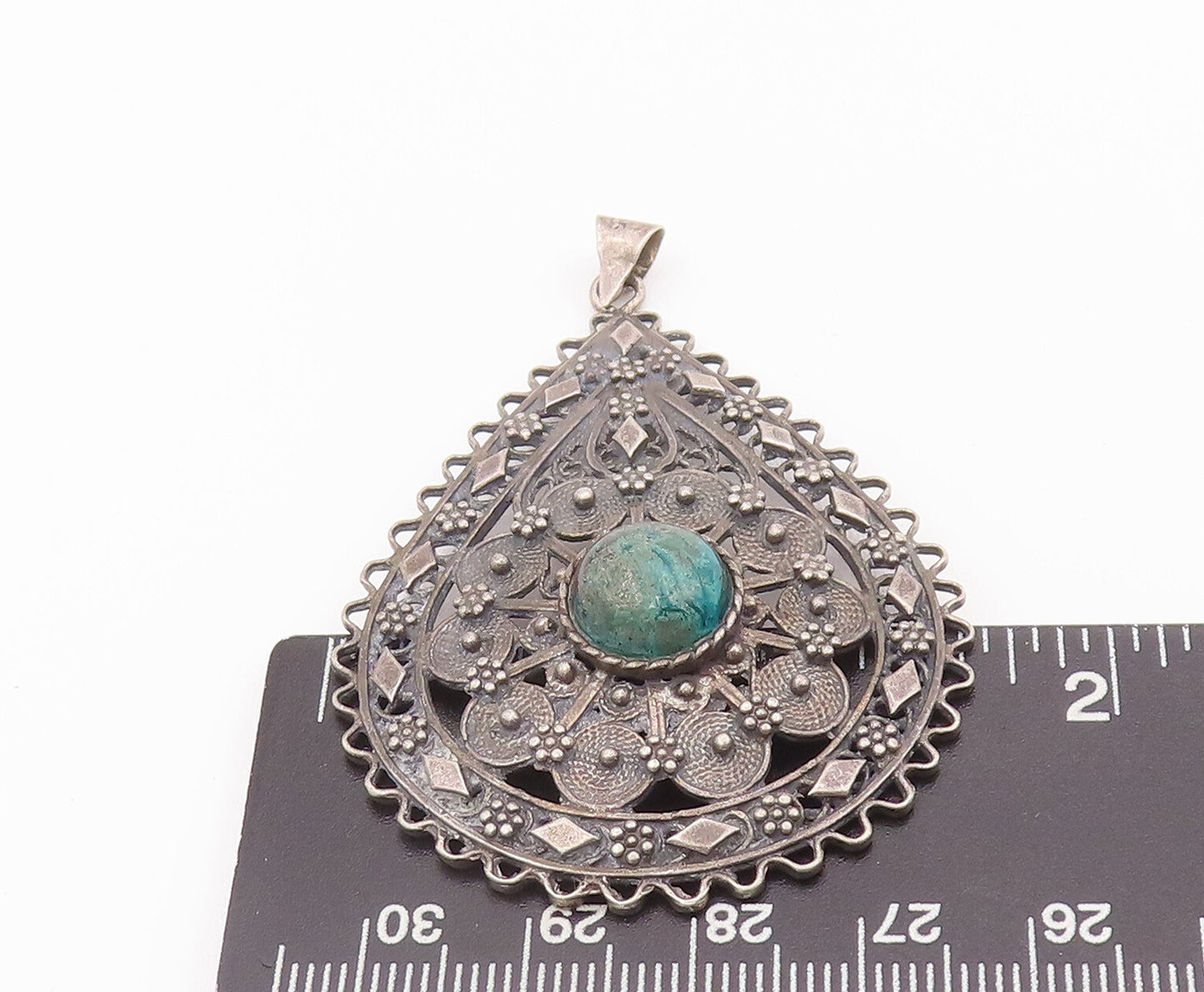 925 Sterling Silver Vintage Pendant Drop Floral Carved Domed Turquoise PT22813