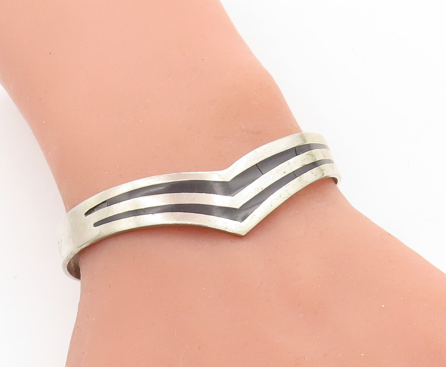 MEXICO 925 Silver Vintage Black Onyx Striped Pointed Cuff Bracelet BT2522