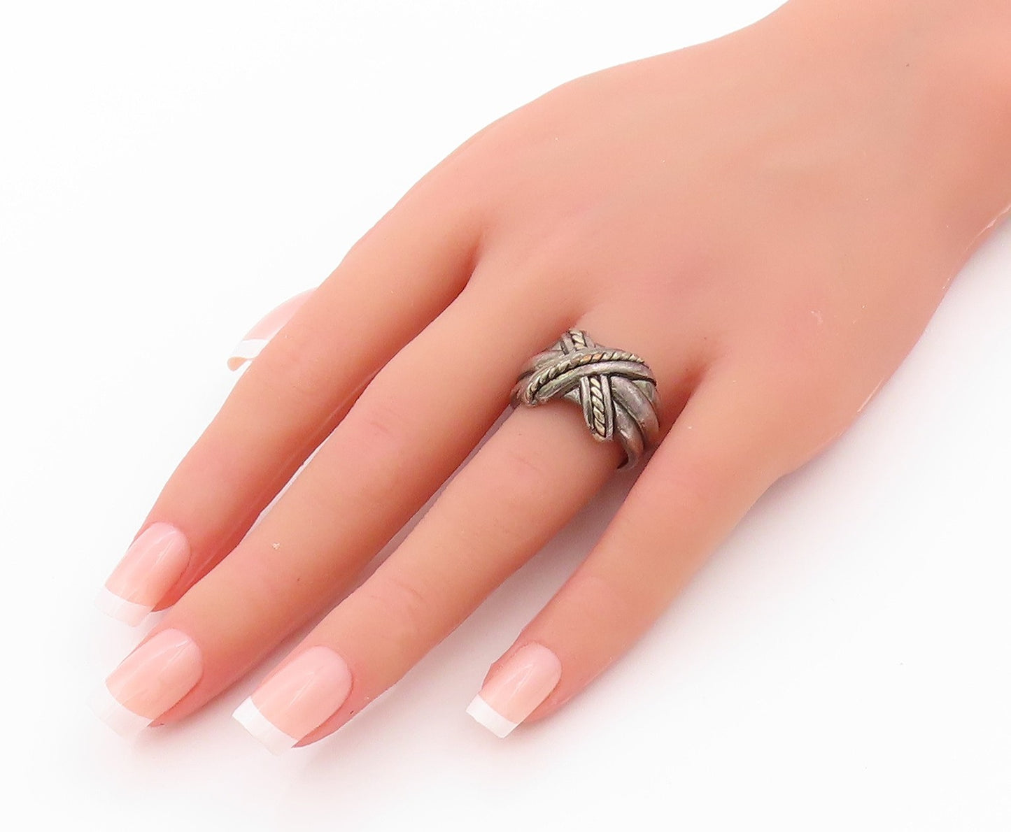 925 Sterling Silver Vintage Ring Dark Tone Roped Cross Carved Sz 8 RG32652
