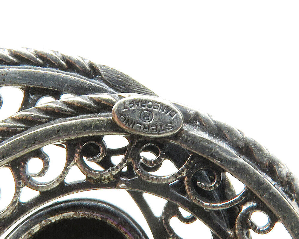 DANECRAFT 925 Sterling Silver Vintage Hematite Shiny Swirl Brooch Pin BP4642