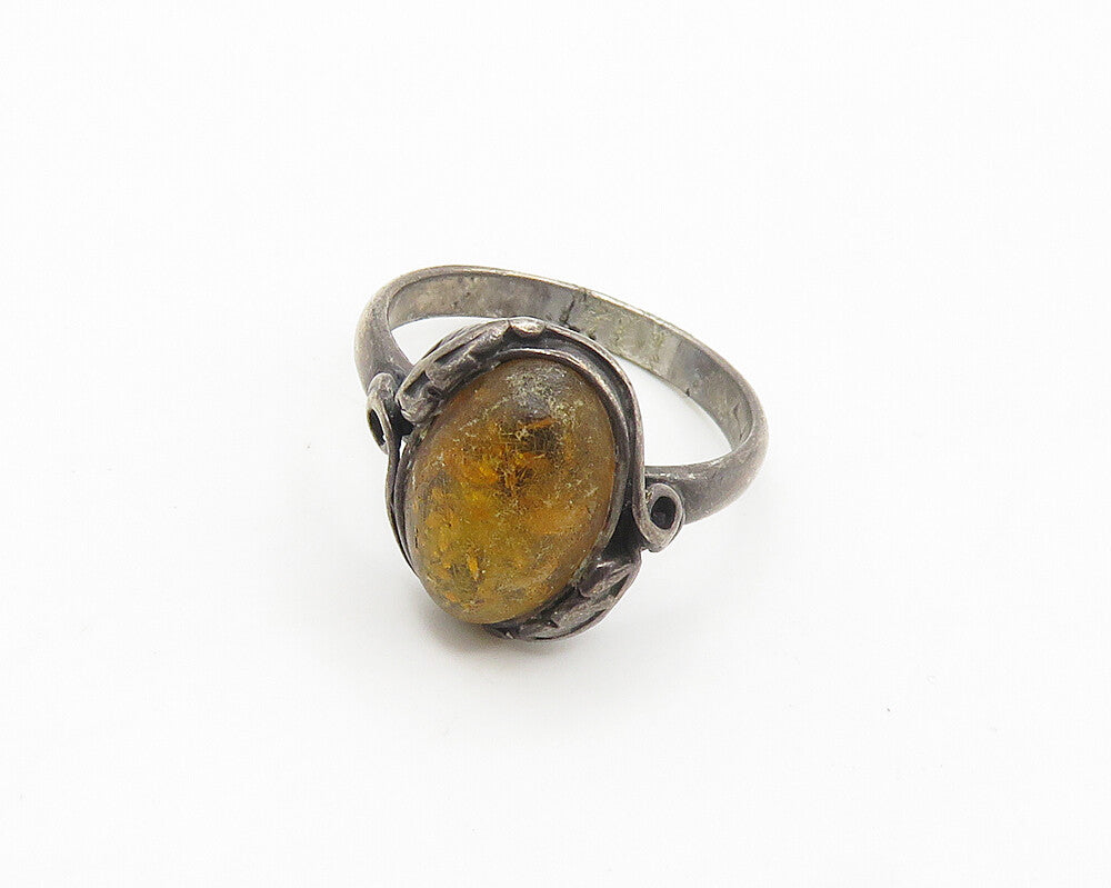 POLAND 925 Sterling Silver Vintage Cabochon Cut Amber Band Ring Sz 6 RG18420
