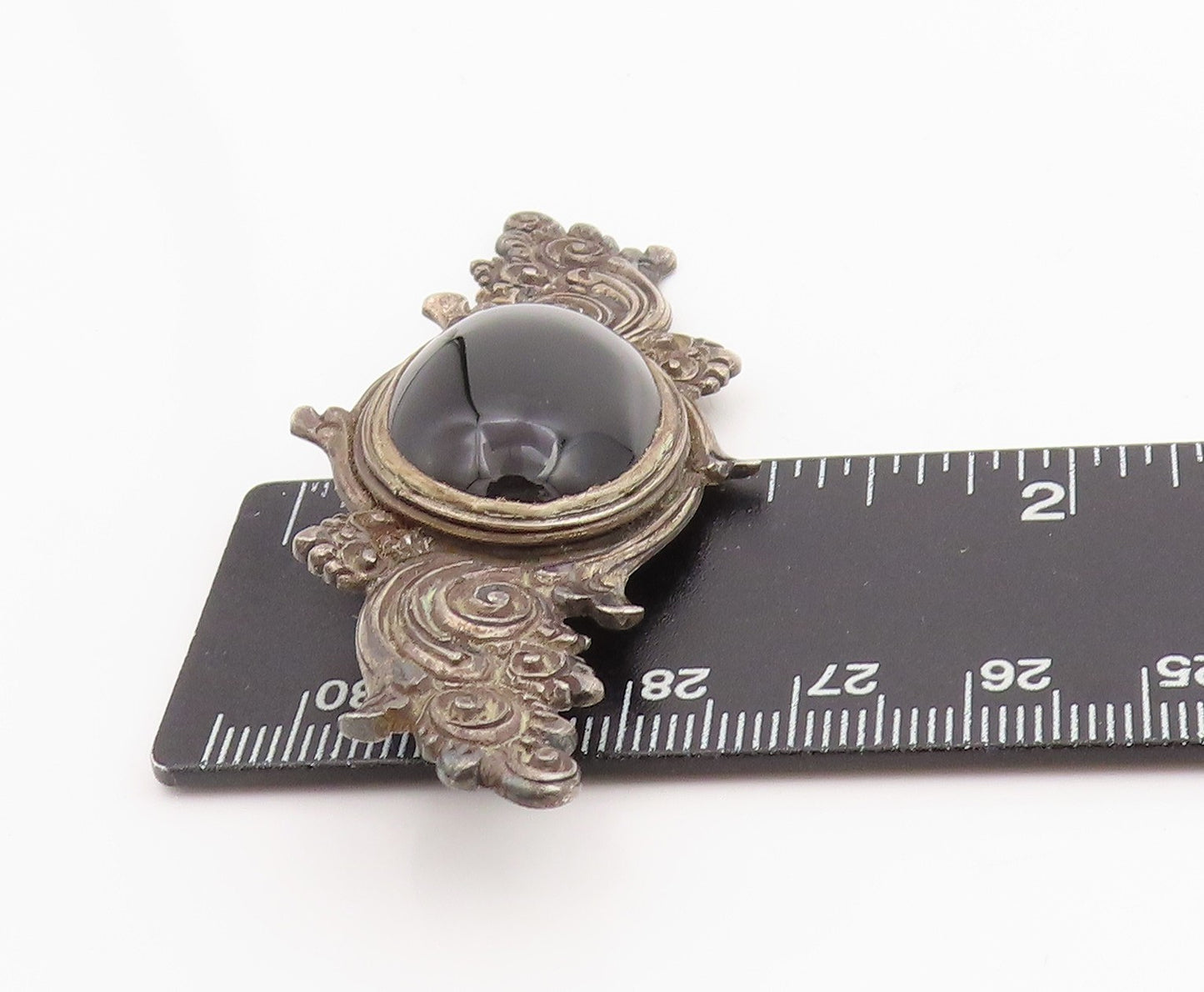 925 Sterling Silver Vintage Brooch Cabochon Onyx Etched Bali Floral Pin BP12000