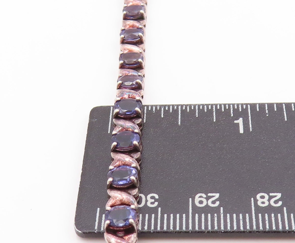 925 Sterling Silver Vintage Bracelet Oval Cut Amethyst X Carved Links BT11254