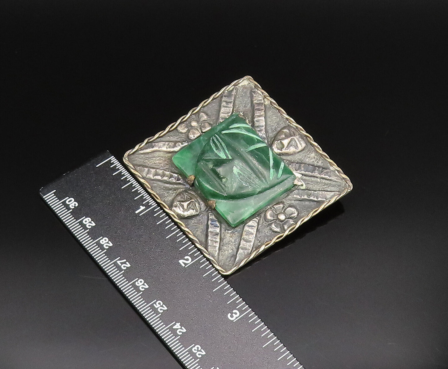 925 Silver Vintage Antique Carved Malachite Theater Mask Brooch Pin BP9777