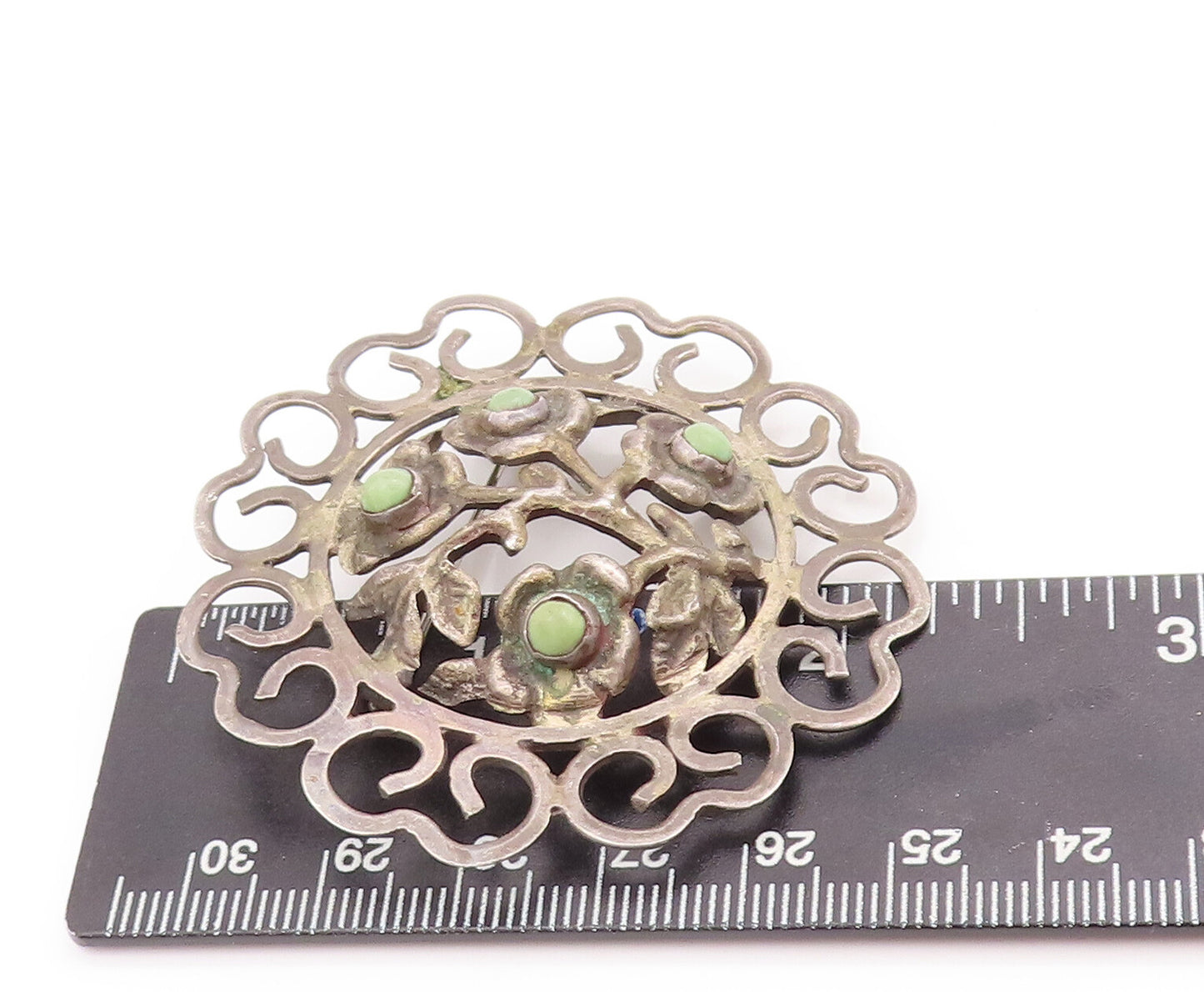 925 Sterling Silver Vintage Brooch Pin MEXICO Antique Turquoise Flower BP10954