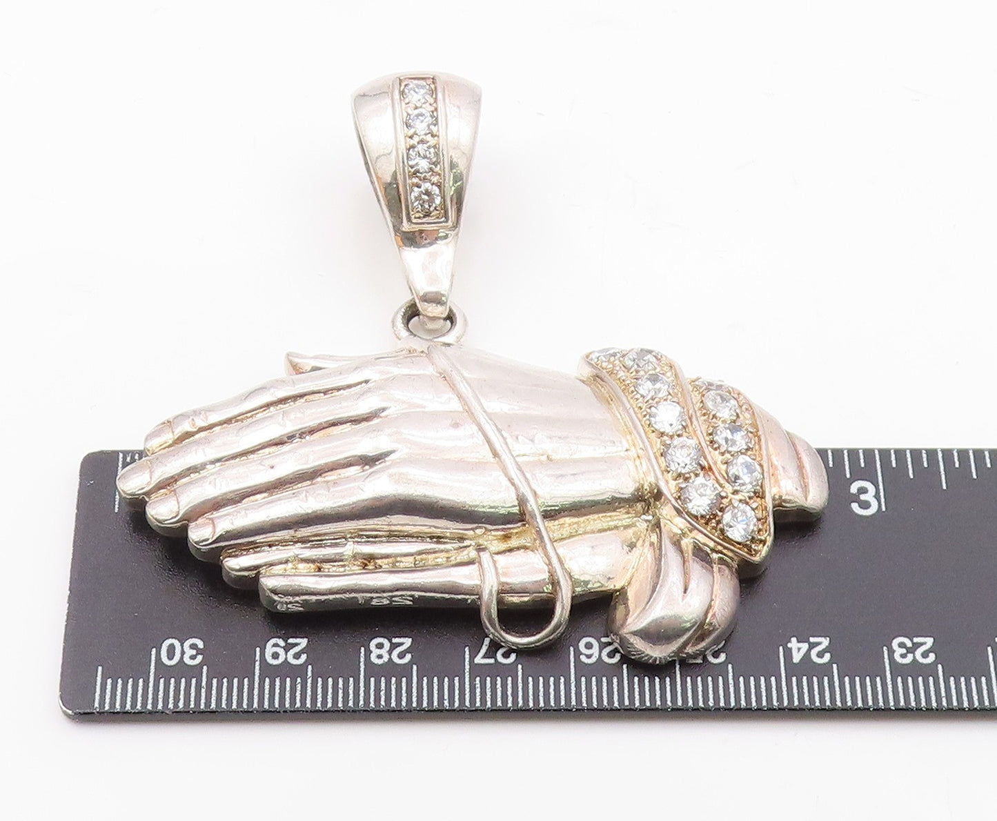 925 Silver Vintage Cubic Zirconia Heavy Large Prayer Hands Pendant PT19121