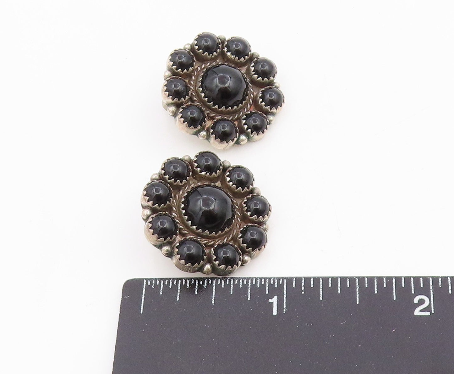 925 Sterling Silver Vintage Earrings NAVAJO Cabochon Onyx Floral Clip On EG14088