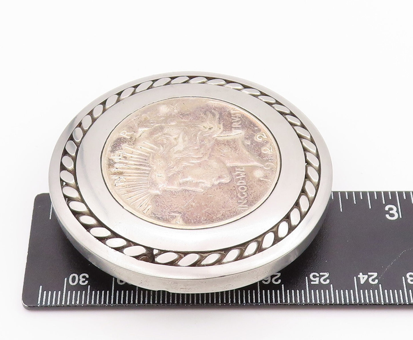 925 Sterling Silver Vintage Belt Buckle Royal Face Carved Heavy Round TR3895