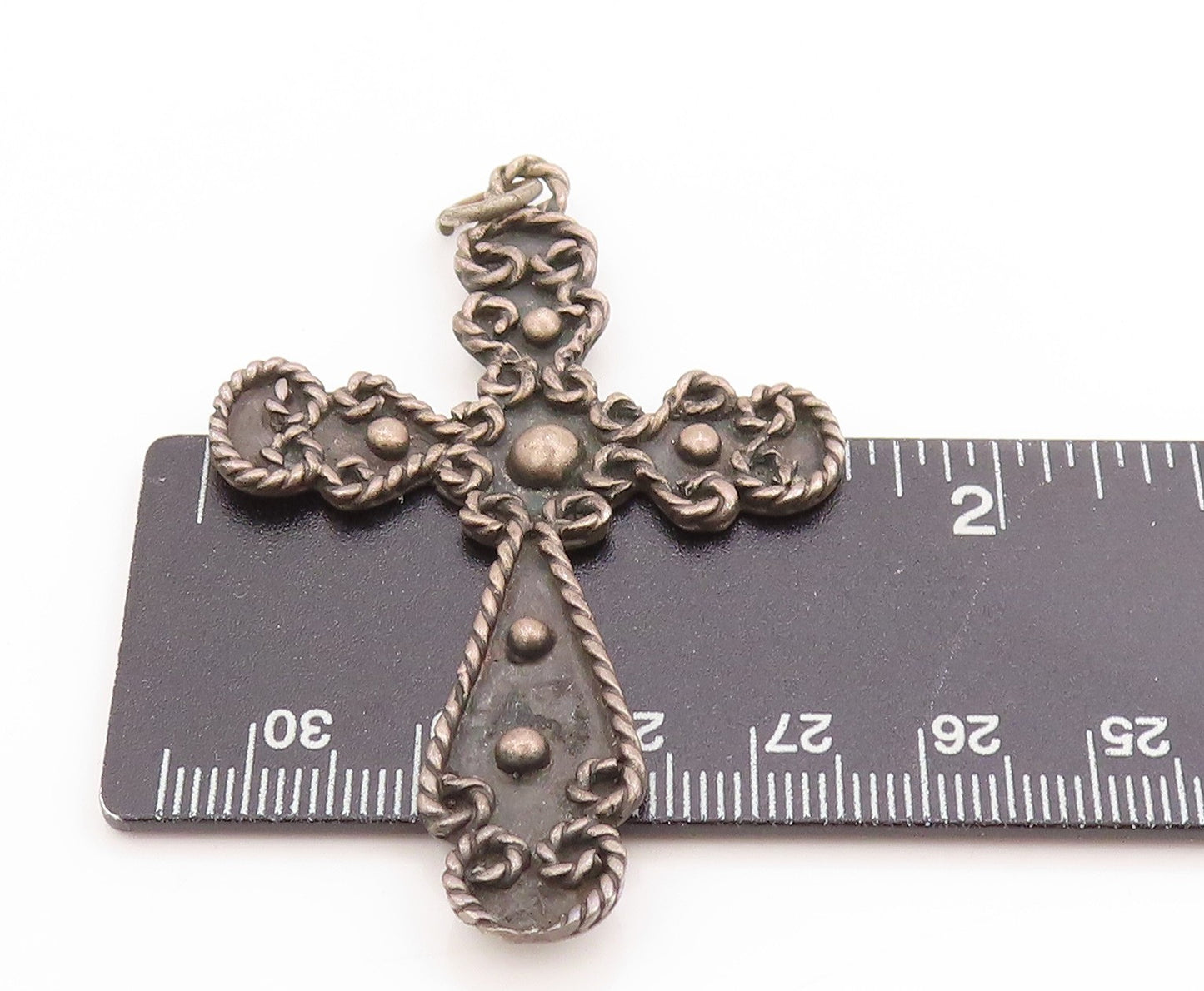 925 Sterling Silver Vintage Pendant Dark Tone Rope Edged Religious Cross PT25031