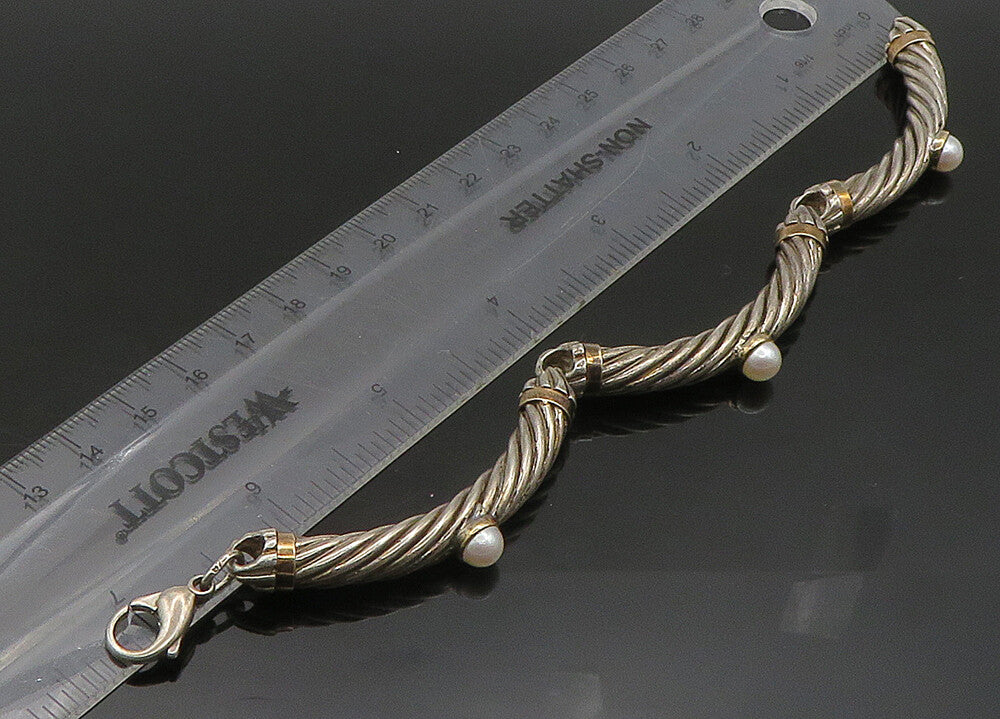 925 Silver & 14K GOLD Vintage Cultured Pearls Twist Chain Bracelet BT9083