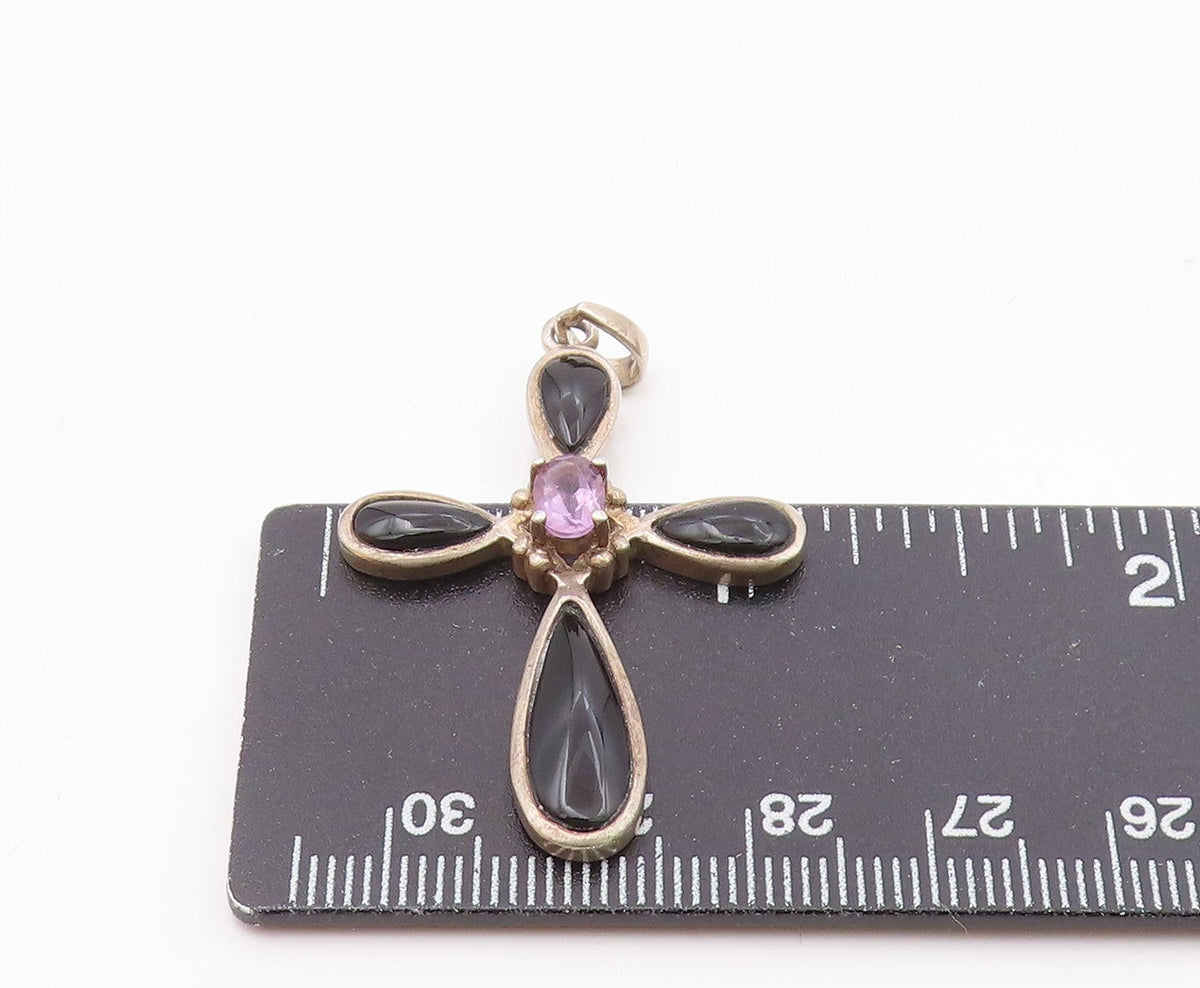 925 Silver Vintage Amethyst & Black Onyx Religious Cross Pendant PT21566