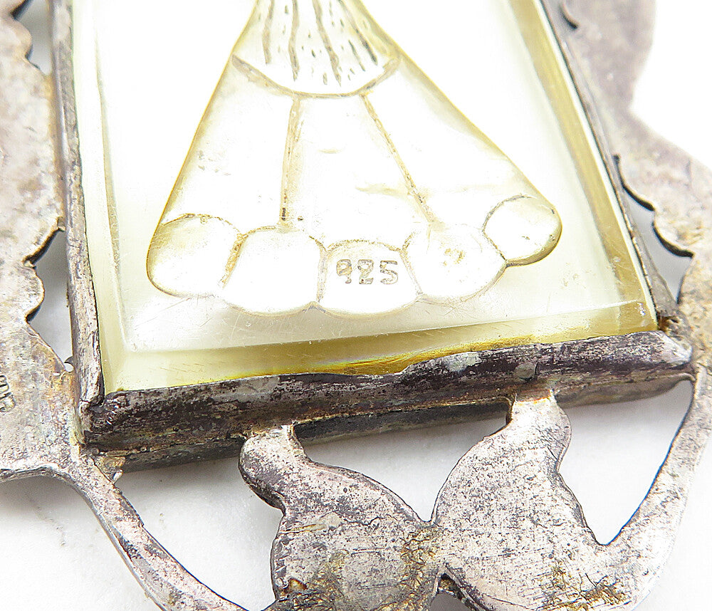 925 Sterling Silver Vintage 2 Tone Swirl Etched Figure Glass Pendant PT3255