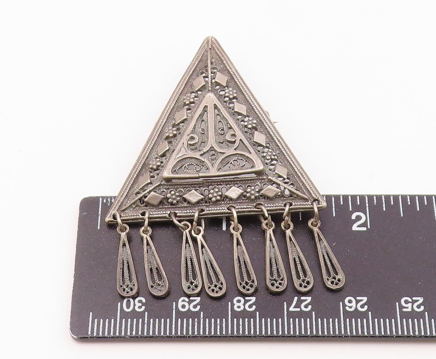 925 Silver Vintage Triangular Floral & Diamond Pattern Brooch Pin BP9427