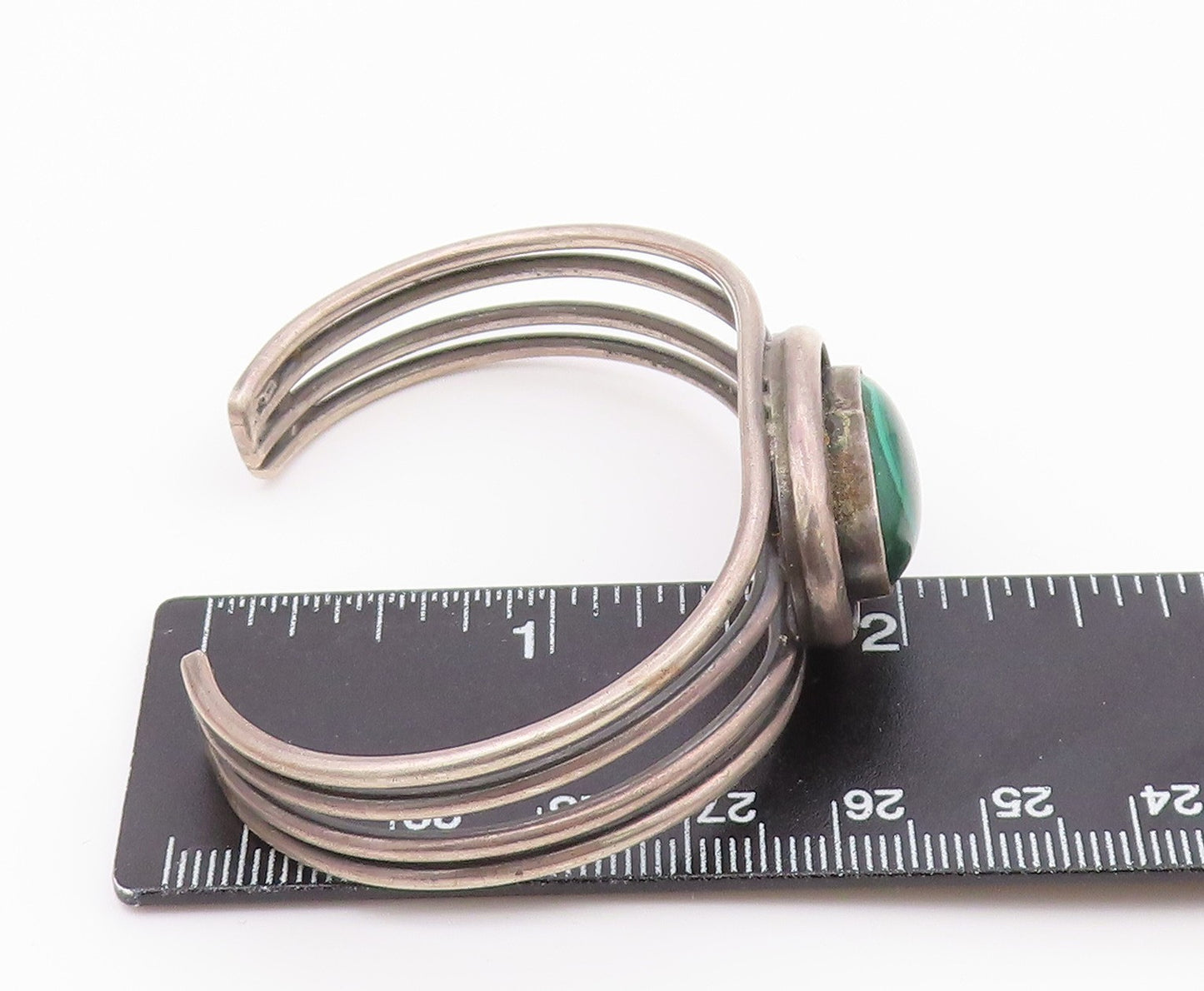 925 Sterling Silver Vintage Cabochon Malachite Split Cuff Bracelet BT9205