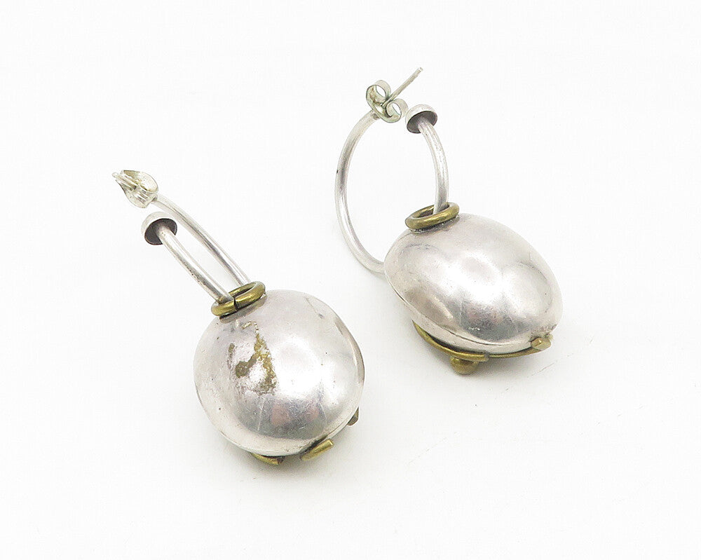 925 Sterling Silver Vintage Shiny 2 Tone Detail Hollow Drop Earrings EG5499