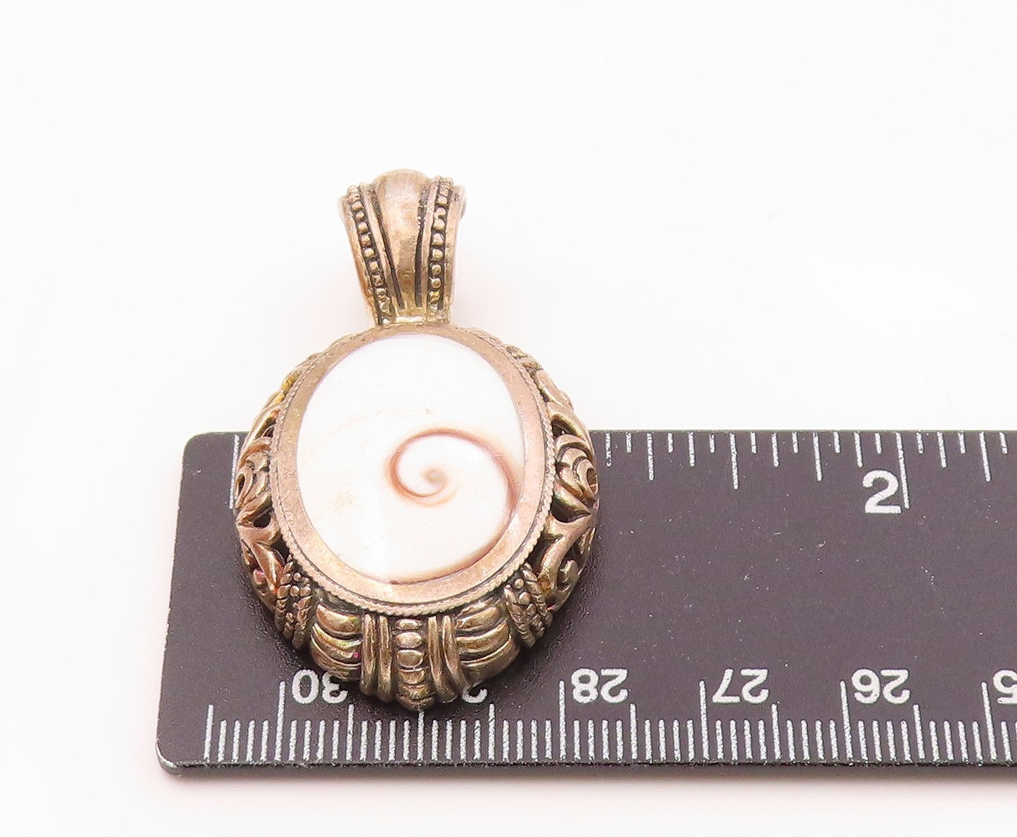 925 Silver Vintage Unique Inlaid Shiva Shell Scroll Detail Pendant PT21565