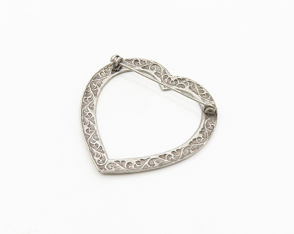 925 Sterling Silver Vintage Swirl Vine Open Love Heart Brooch Pin BP7207