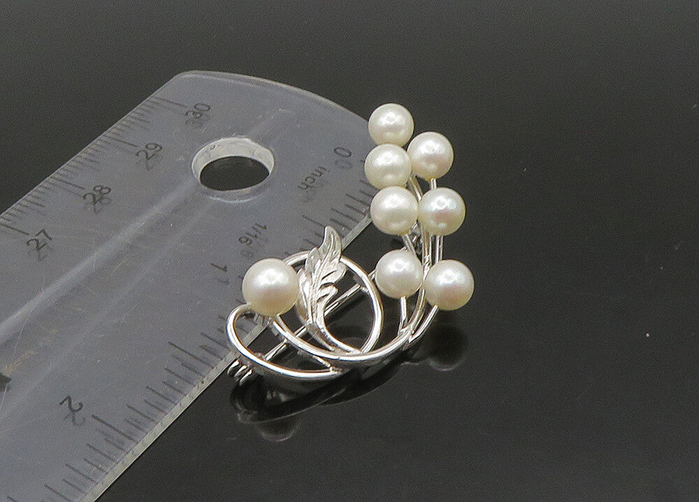 925 Sterling Silver Vintage Cultured Pearls Floral Vine Brooch Pin BP8980