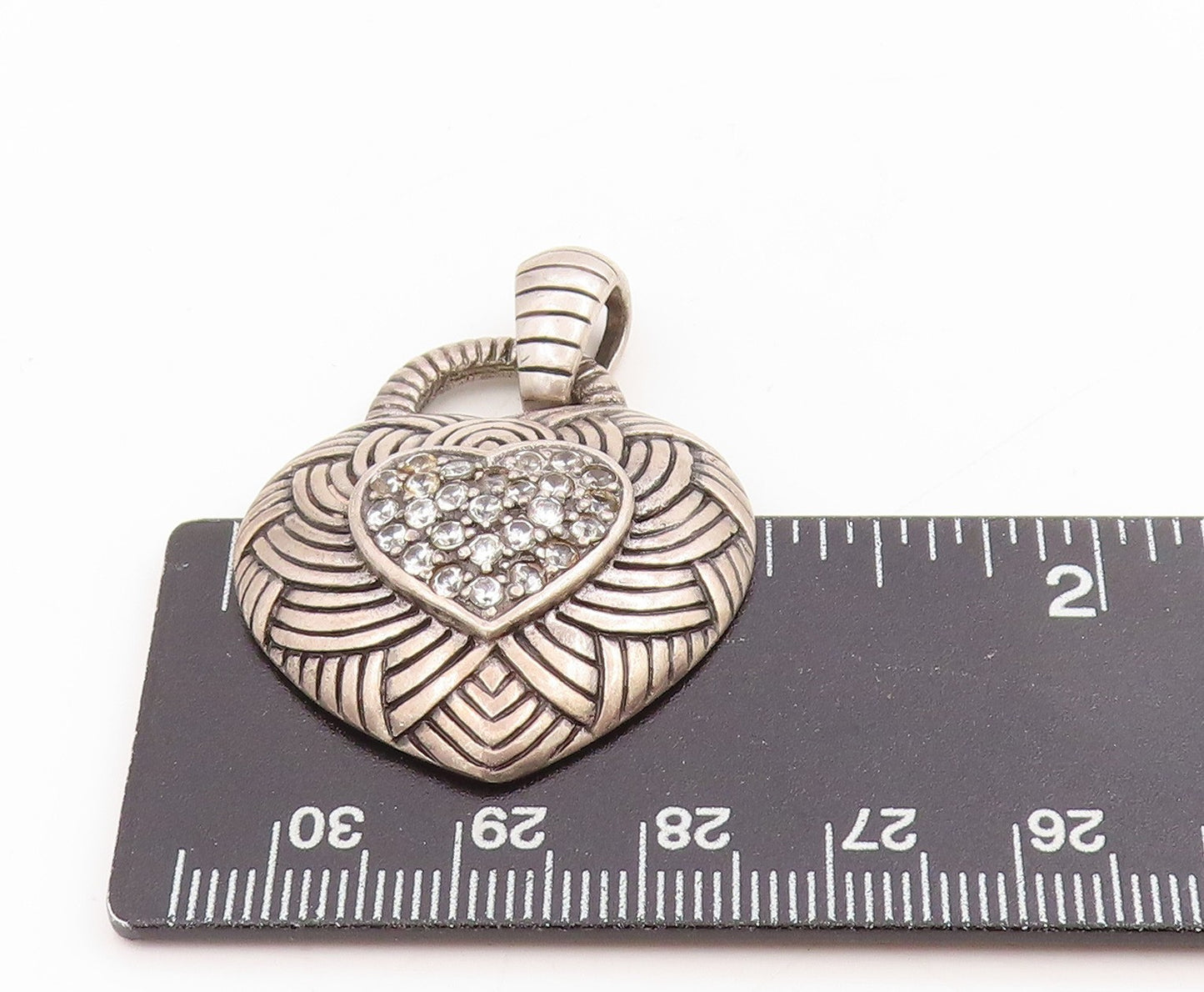 925 Sterling Silver Vintage Pendant Round Topaz Woven Braided Love Heart PT25445