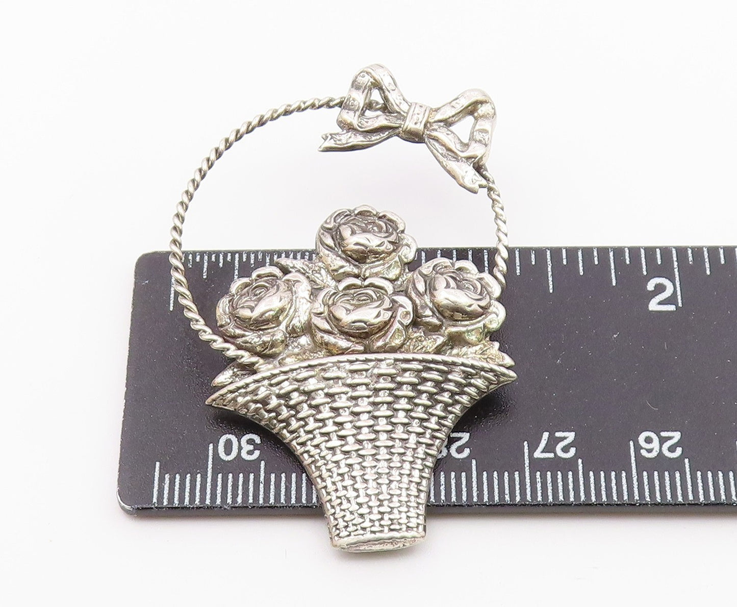 BEAU 925 Silver Vintage Rose Flower Basket With Bow Tie Brooch Pin BP9790