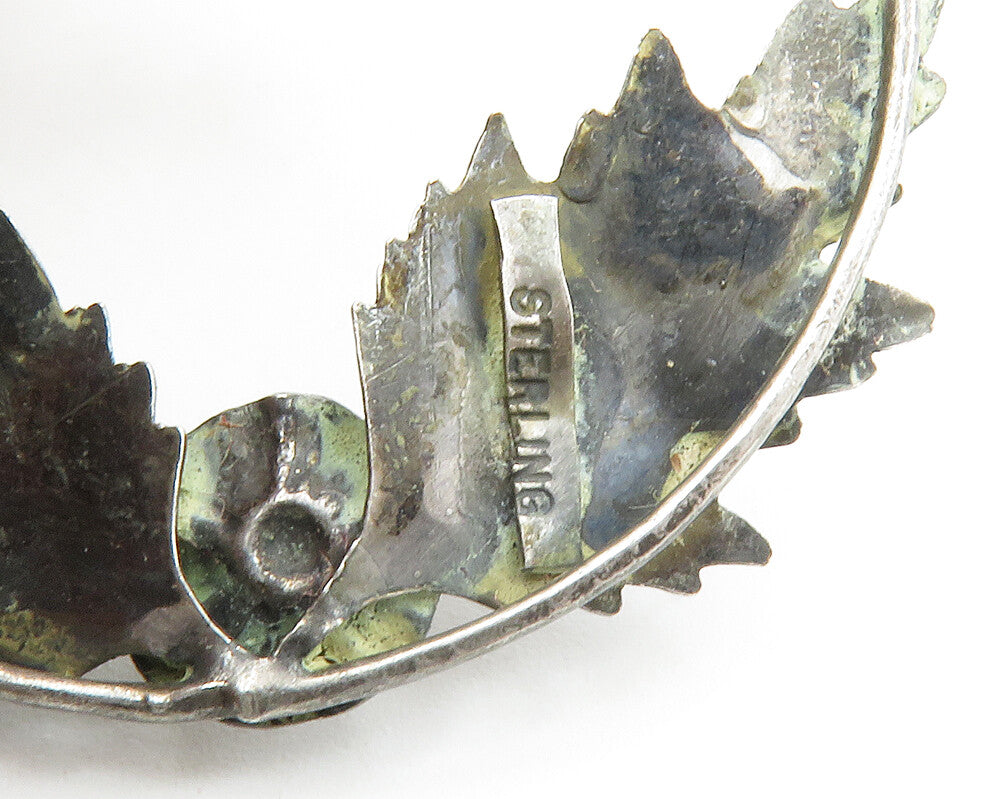 925 Sterling Silver Vintage Oxidized Floral Wreath Round Brooch Pin BP5096