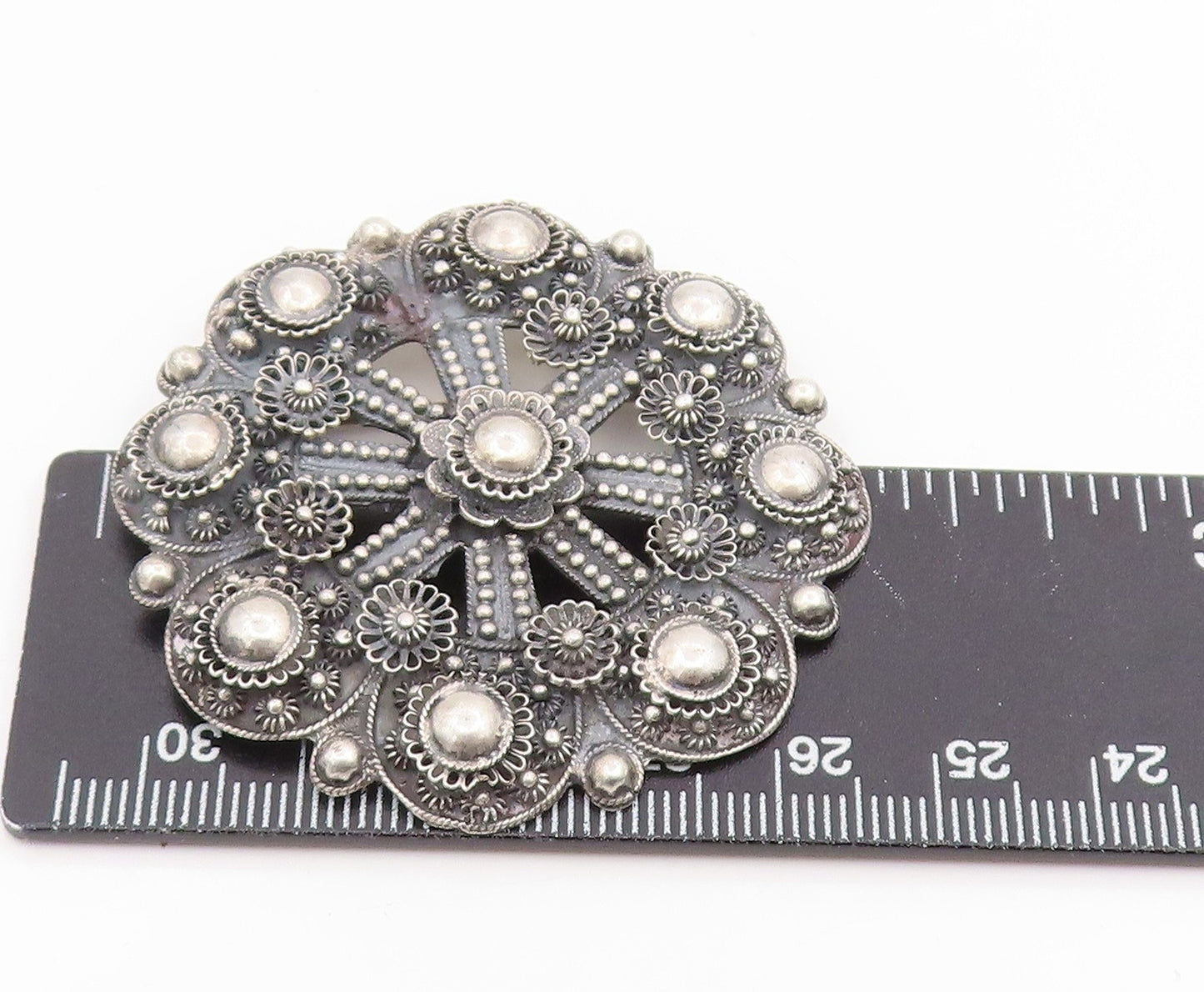 925 Sterling Silver Vintage Brooch Pin Classic Sunburst Floral Filigree BP12395