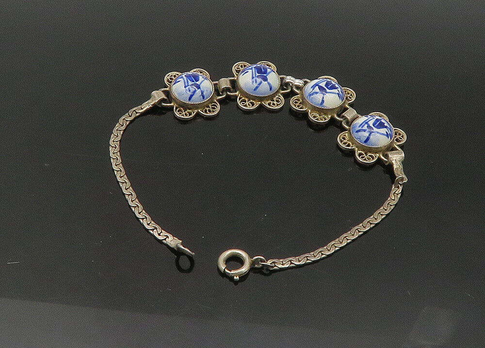 925 Sterling Silver Vintage Enamel Windmill Scene Chain Bracelet BT8659
