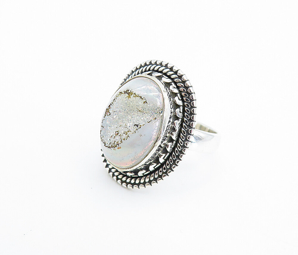 925 Sterling Silver Druzy Stone Shiny Twist Petite Cocktail Ring Sz 5 RG8080