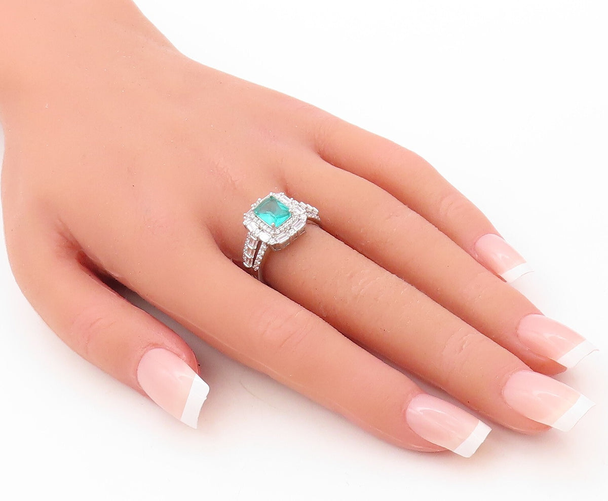 925 Sterling Silver Vintage Ring Rectangle Sea Green Halo White CZ Sz 7 RG30852