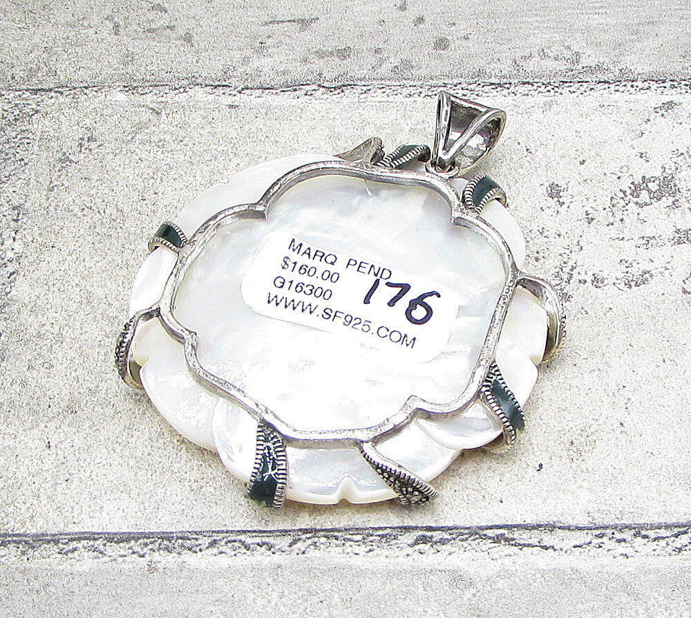 925 Silver Mother of Pearl & Marcasite Floral Wrapped Drop Pendant PT1384
