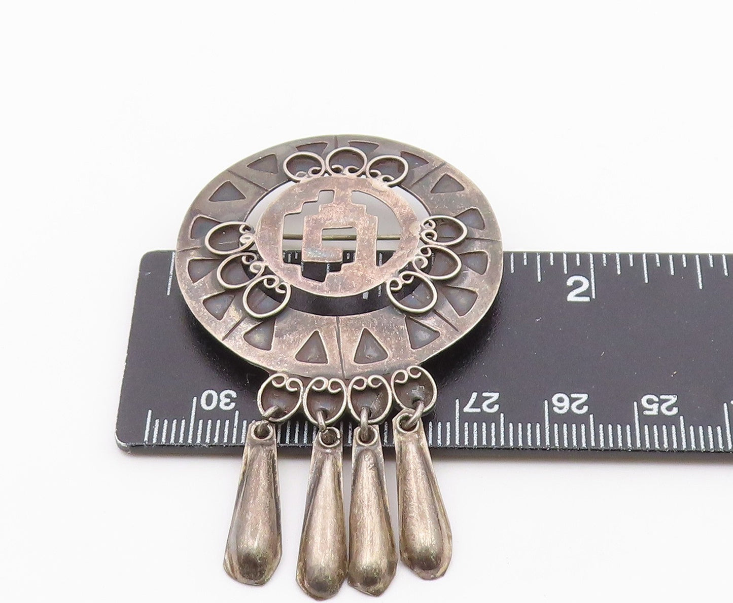 MEXICO 925 Sterling Silver Vintage Oxidized Dangling Brooch Pin BP3837
