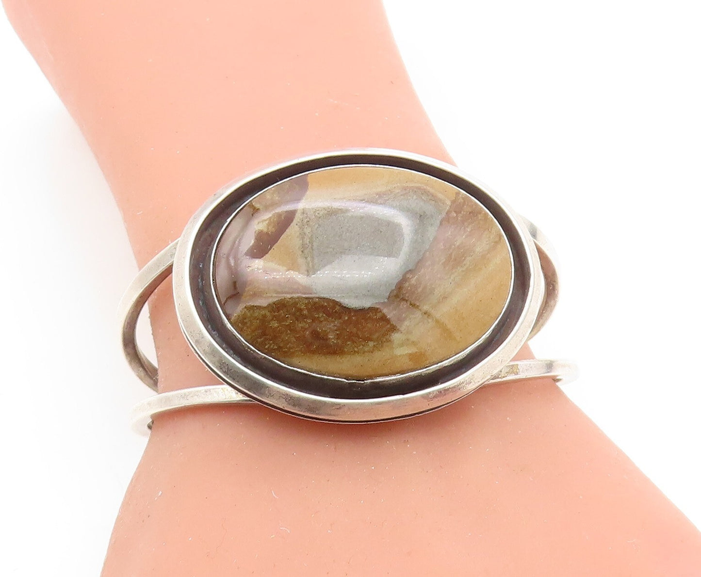 ZUNI NAVAJO 925 Sterling Silver Vintage Brown Agate Cuff Bracelet BT3191