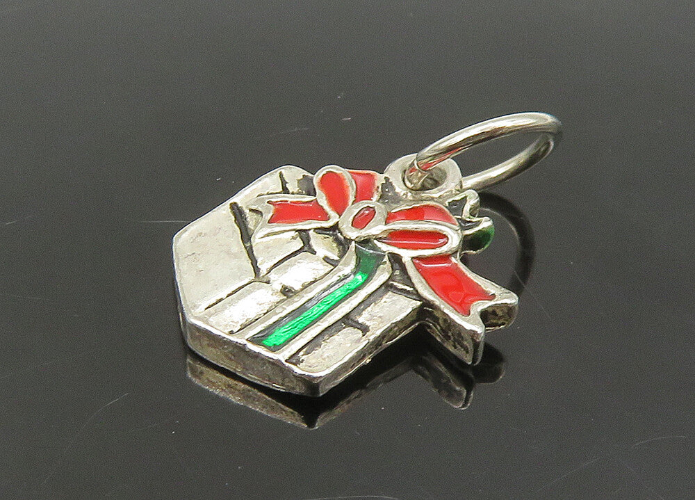 925 Sterling Silver Vintage Enamel Christmas Gift Box Pendant PT18948