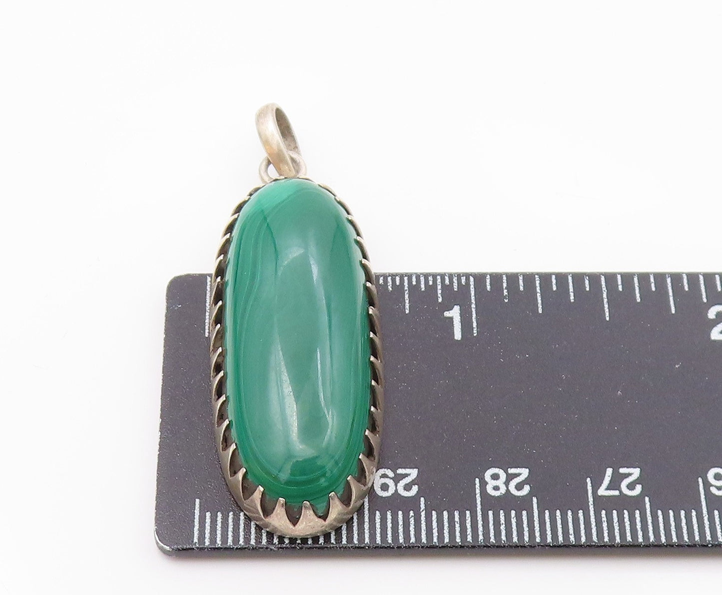 925 Sterling Silver Vintage Cabochon Cut Malachite Oblong Pendant PT16351