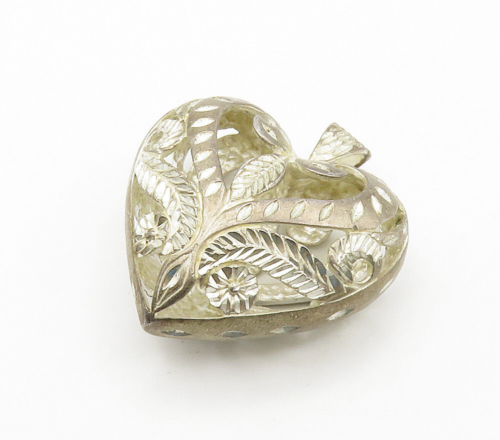 925 Sterling Silver Vintage Shiny Etched Floral Love Heart Pendant PT11982