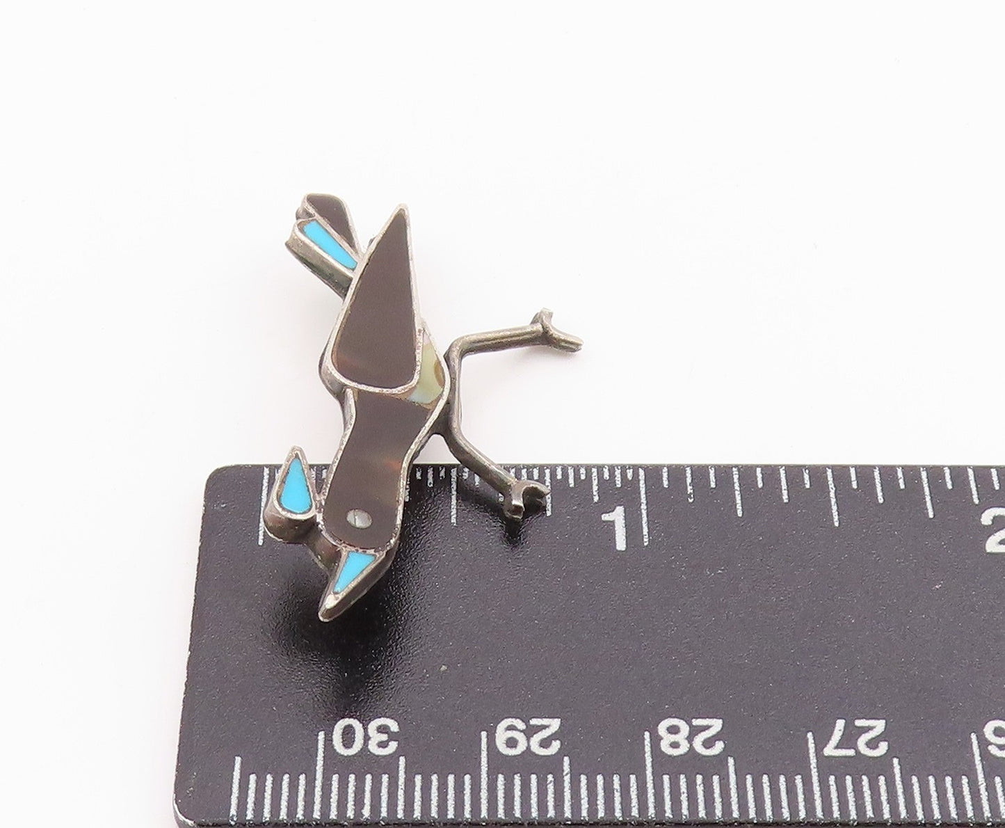 925 Sterling Silver Vintage Brooch NAVAJO ZUNI Onyx Larimar Running Bird BP11706