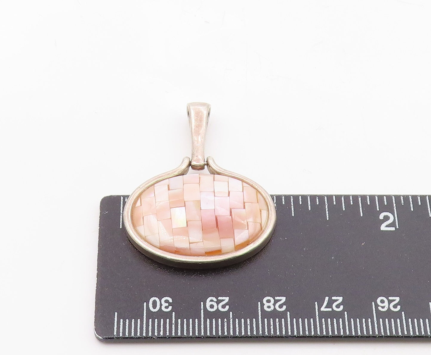 925 Sterling Silver Vintage Mother Of Pearl Two Sided Oval Pendant PT15687