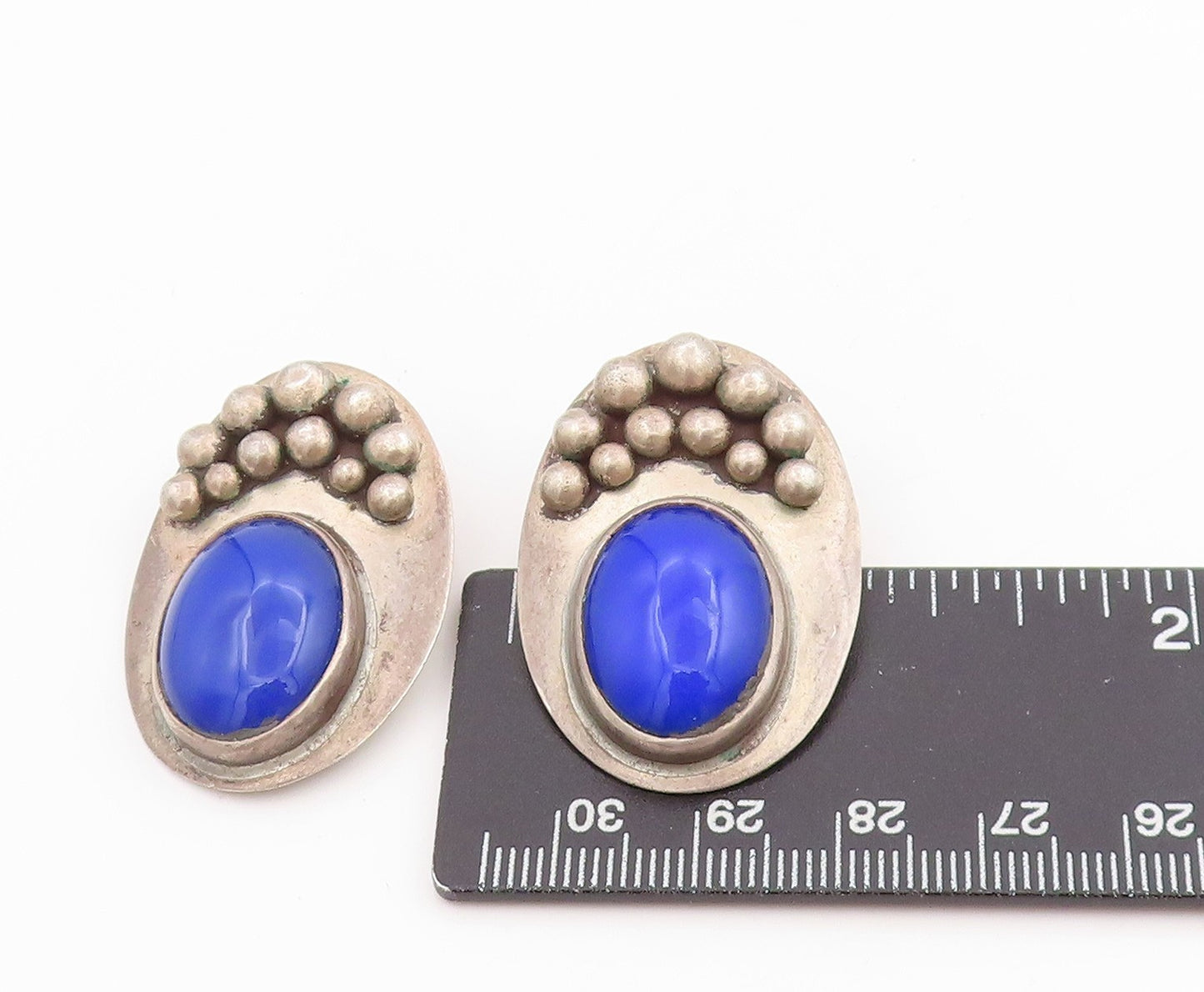925 Sterling Silver Vintage Earrings Oval Cabochon Lapis Lazuli Clips EG13748