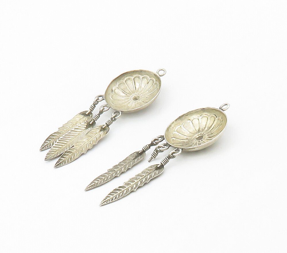 NAVAJO 925 Sterling Silver Vintage Floral Feathers Dangle Earrings EG8579