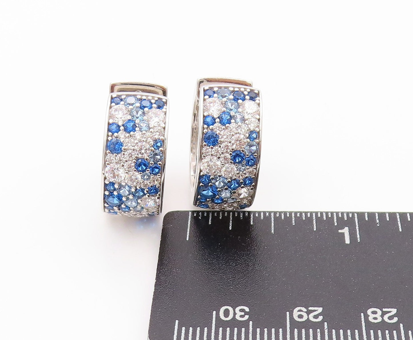925 Sterling Silver Vintage Earrings Blue & White CZ Inlay Broad Hoops EG13545