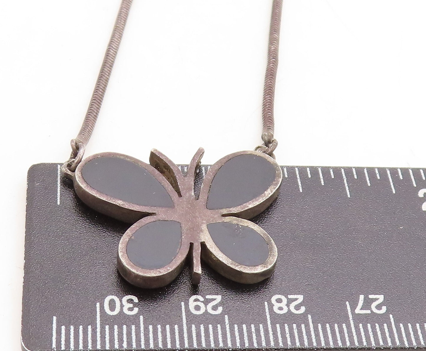 925 Silver Vintage Inlaid Black Onyx Butterfly Oxidized Chain Necklace NE1358