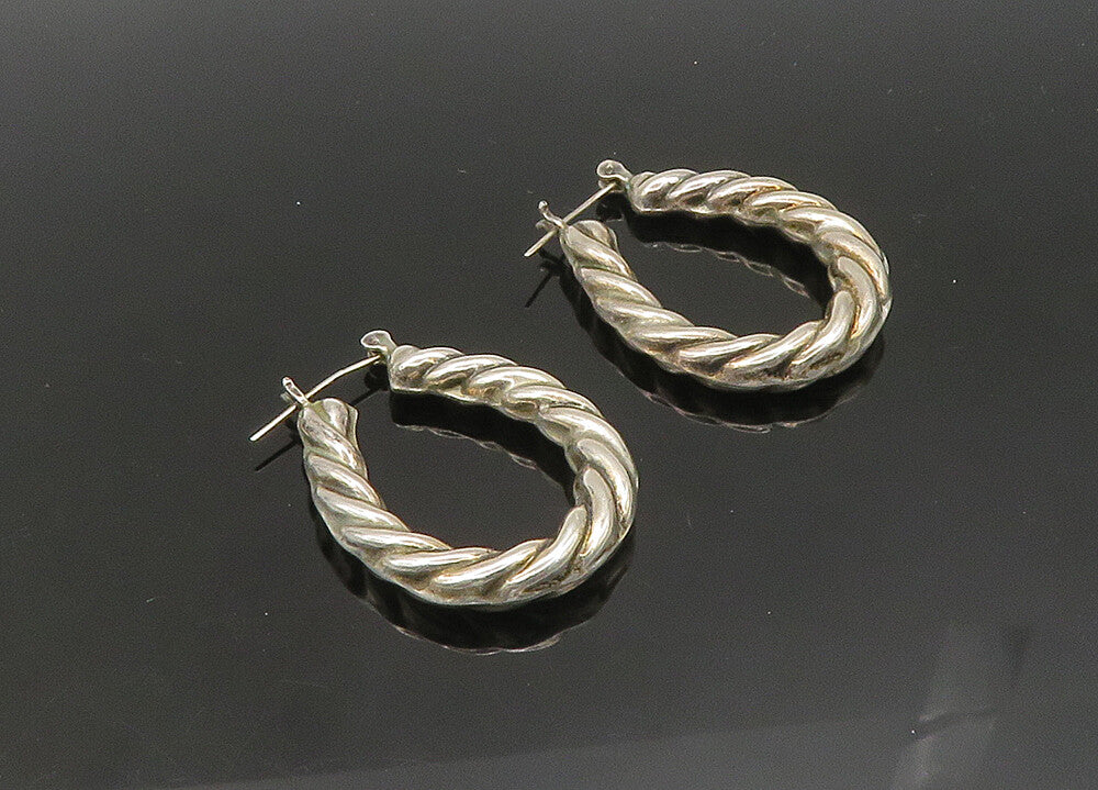 925 Sterling Silver Vintage Shiny Rope Twist Oval Hoop Earrings EG10738