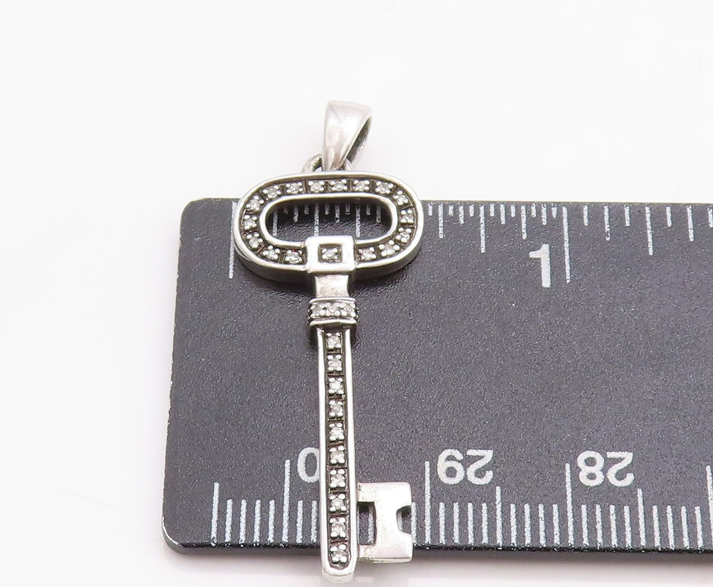 925 Sterling Silver Vintage Pendant Solid Cutout Diamonds Inlay Key PT23704