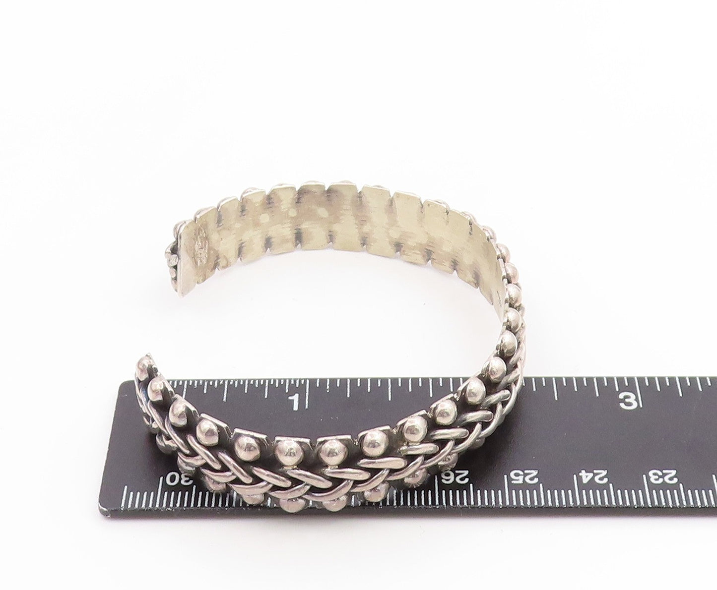925 Sterling Silver Vintage Bracelet MEXICO Basket Weave & Beaded Cuff BT11773