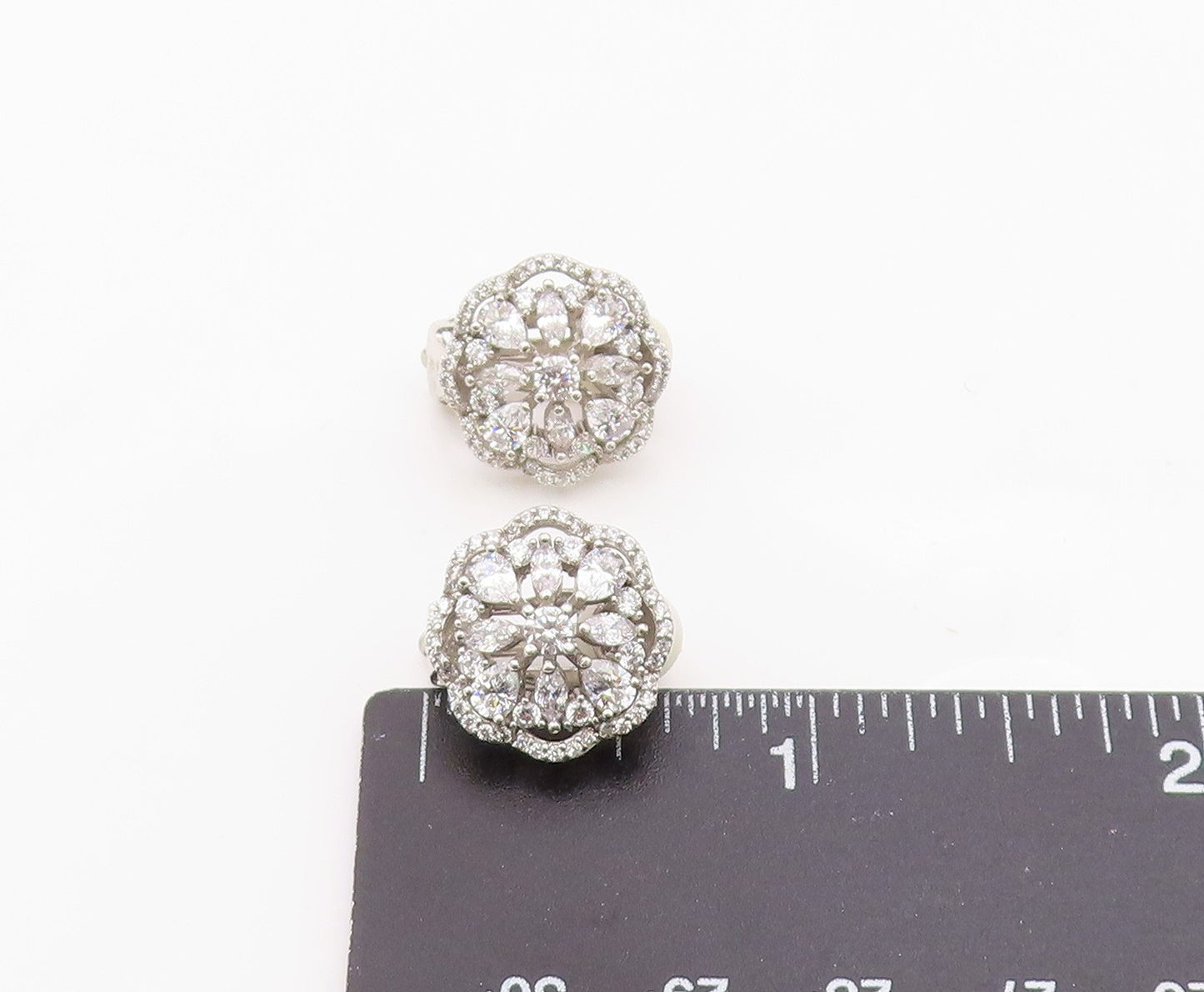 925 Sterling Silver Vintage Earrings Elegant CZ Floral Petal Clip On EG14338