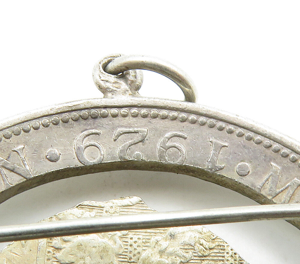 925 Sterling Silver Vintage Antique Netherlands Queen Coin Brooch Pin BP6273