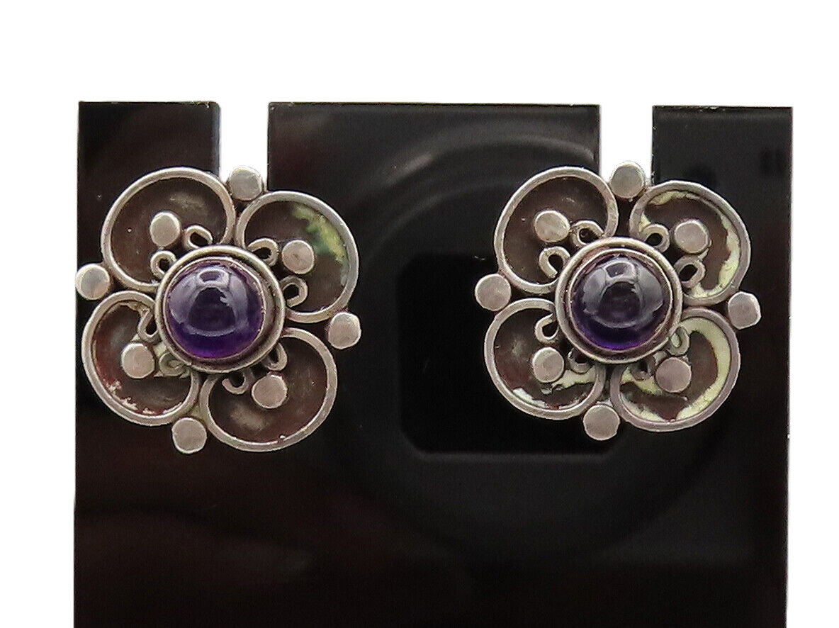 925 Silver Vintage Cabochon Amethyst Halo Carved Flower Earrings EG12577