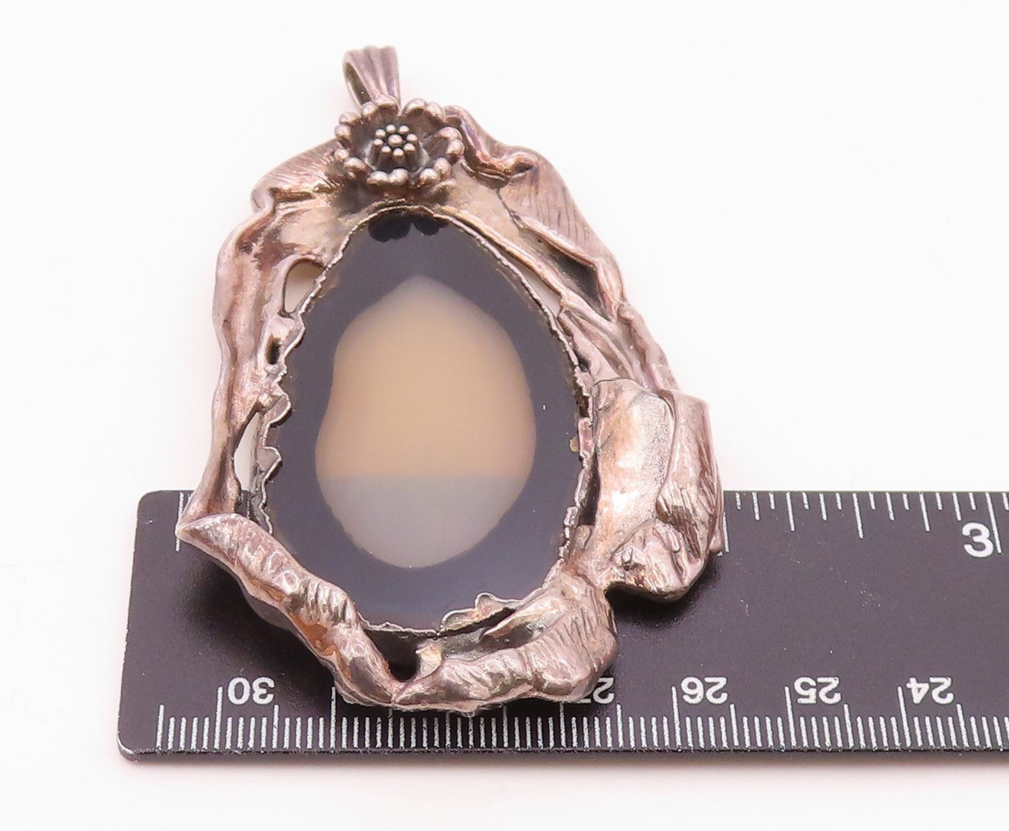 DESIGNER 925 Silver Vintage Agate Slice Shiny Sculpted Pendant PT15875